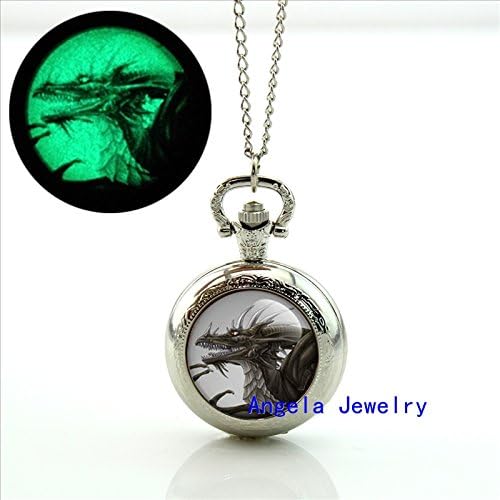 Pretty Lee Fashion Dragon Glowing Pocket Watch Dragon Glass Cabochon Locket Necklace Glow in the Dark