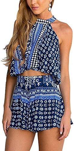 Women 2 Pieces Outfits Set Floral Backless Crop Top and Shorts Asian Size M Blue