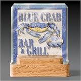 3-Dimensional glass Coaster set with wood holder ~ Blue Crab Bar and Grill ~ 4 Drink Coasters ~ code 353