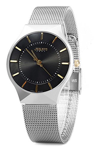 JULIUS JA-577 Male Men's Silver-Tone Ultra Thin Black Dial Mesh Stainless Steel Strap Fashion Casual Wrist Watch Waterproof Quartz Analog Business Luxury Wristwatch