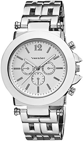 Vernier Women's VNR2364S Silver-Tone Faux Crono Patterned Link Bracelet Enamel White Bezel Quartz Watch