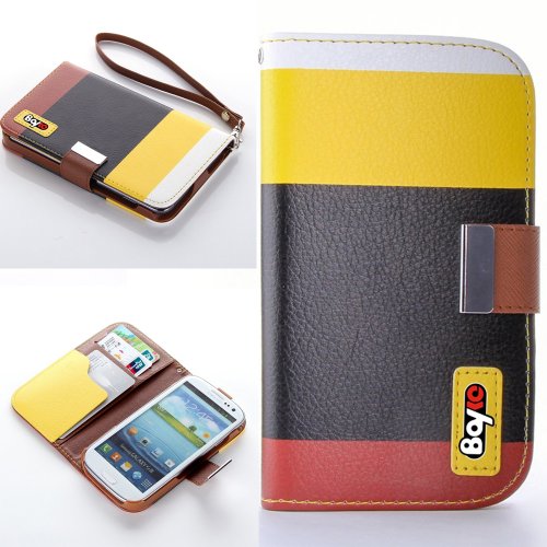 Bayke Brand / Samsung Galaxy S3 Mini (MINI ONLY) I8190 Fashion Designer Colorful PU Leather Wallet Case with Strap with Stand with Magnetic Clip Credit Card Slots & Holder (Yellow+Black+Brown)