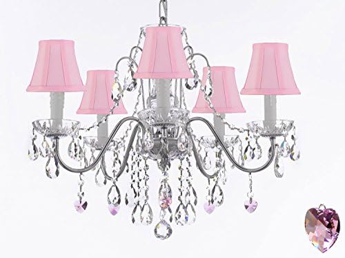 Hamilton Home Daniele Collection Chrome Finish Crystal Chandelier Lighting Chandliers with Pink Crystal Hearts and Pink Shades - Good for Dining Room, Foyer, Entryway