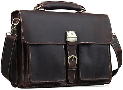 Tiding Men's Dark-brown Leather Briefcase 16" Laptop Bag Vintage Style 10319