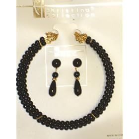 Three Strand Onyx Pearl Choker Necklace Gold Locket Matching Earrings for Teens