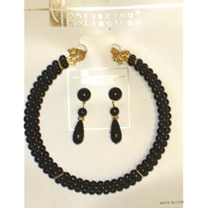 Click here to buy Three Strand Onyx Pearl Choker Necklace Gold Locket Matching Earrings for Teens by Gita.