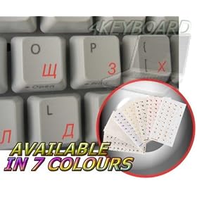 RUSSIAN CYRILLIC KEYBOARD STICKERS WITH RED LETTERING ON TRANSPARENT BACKGROUND