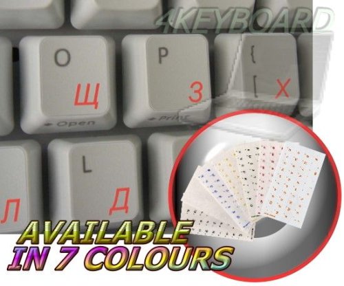 RUSSIAN CYRILLIC KEYBOARD STICKERS WITH RED LETTERING ON TRANSPARENT BACKGROUND