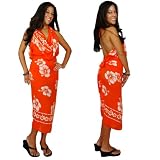 Ladies' Hibiscus Flower Sarong by 1 World Sarongs in Orange/White FRINGELESS