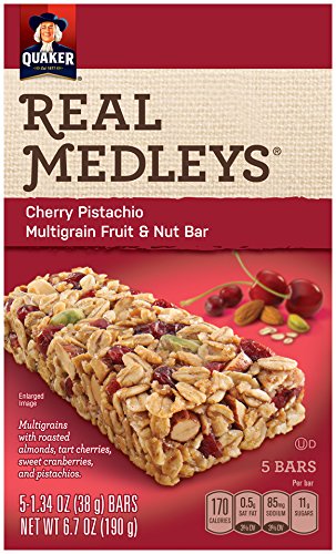 Quaker Real Medleys Multigrain Fruit and Nut Bars, Cherry Pistachio, Snack Bars, 5 Bars (Pack of 8)