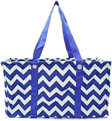Large Tote Bag Collapsible~Open Top~21"~Utility~Laundry~Diapers~Picnic~Shopping~Organize~Travel (Blue and White Chevron)