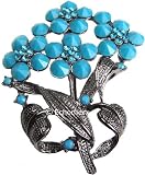 BIG Brooch Floral Turquoise-Blue Crystals