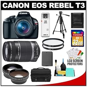 Canon EOS Rebel T3 Digital SLR Camera Body & EF-S 18-55mm IS II Lens with 55-250mm IS Lens + 32GB Card + .45x Wide Angle & 2x Telephoto Lenses + Battery + (2) Filters + Tripod + Accessory Kit