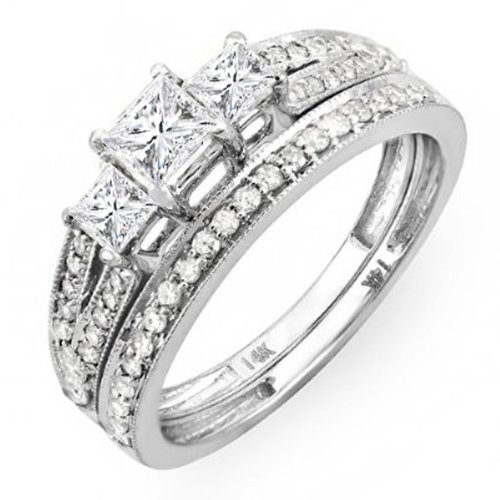 1.00 Carat (ctw) 14k White Gold Brilliant Princess Cut 3 Stone Diamond Ladies Engagement Bridal Ring Set Matching Band 1.00 Carat (ctw) 14k White Gold Brilliant Princess Cut 3 Stone Diamond Ladies Engagement Bridal Ring Set Matching Band