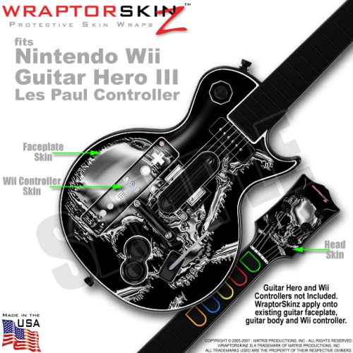 Chrome Skulls on Black Skin by WraptorSkinz TM fits Nintendo Wii Guitar Hero III (3) Les Paul Controller (GUITAR NOT INCLUDED)