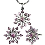 Sparkling Pink Sapphire Cubic Zirconia Snowflake Platinum Overlay Sterling Silver Pendant Necklace and Stud Earrings Set