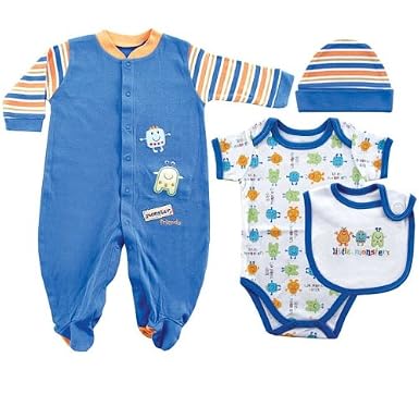 Hudson Baby Monster Blue and Orange 4-Piece Layette Set