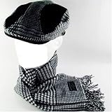 NEW FAUX SUEDE TWEED IVY CABBIE CAP HAT SCARF SET BLACK SMALL / MEDIUM