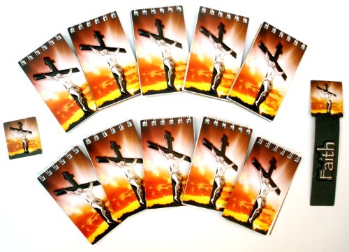 3D Raised Images 10 Pack Jumbo Gift Set Of 3" x 5" Spiral Notepads With Free Bonus Bookmark & Magnet - Crucifix Jesus Chrisitianity Themed