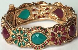 Polki Bangle with Faux Emeralds and Rubies - Copper Alloy with Glass