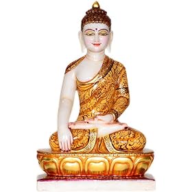 Bhumisparsha Buddha Seated on Lotus Throne - White Marble Sculpture