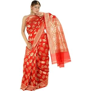 Bridal Red Jamdani Sari with All-Over Hand-Woven Flowers in Golden Thread - Pure Silk