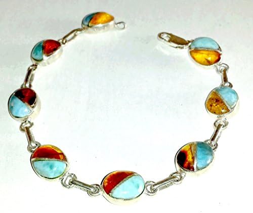 Dominican Amber & Larimar Sterling Silver .925 Links Bracelet w/ Oval Gemstones