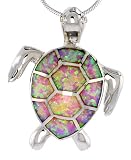 Sterling Silver Sea Turtle Pendant, Inlaid w/ Pink Lab Opal with CZ, 1 1/4