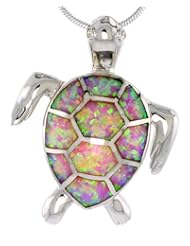 Sterling Silver Sea Turtle Pendant, Pink Synthetic Opal Inlay w/ CZ stones, 1 1/4 inch tall,