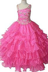 Girls One Shoulder Floor Length  Lace Sequined Tiered  Ball Gown Pageant Dress 