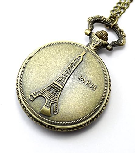 Conbays Vintage Antique Bronze Paris Eiffel Tower Necklace Quartz Pocket Watch Men and Women Christmas Gift