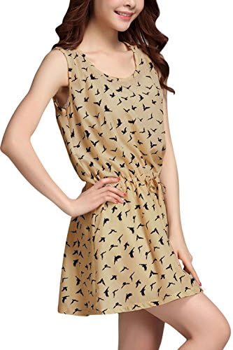 Women's Scoop Neck Sleeveless Swallow Prints Waist Tie Mini Skater Dress