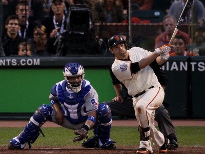 Texas Rangers v San Francisco Giants, Game 1: Freddy Sanchez, Bengie Molina Photographic Poster Print by Elsa ., 12x16