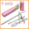 (Price/4 Sets)Pink, Portable Stainless Steel Dishware, Chopsticks Spoon Fork