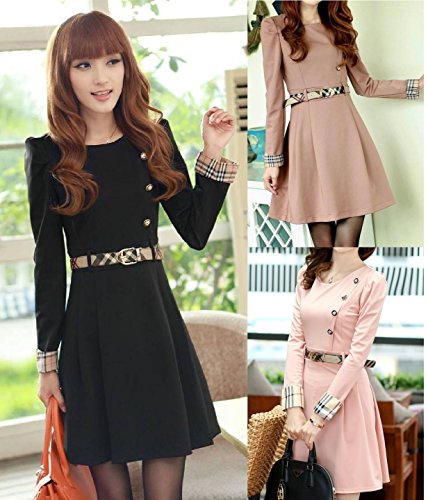 ワンピース 3色 長袖 フレアスカート Ａライン ウエストベルト付き バーバリーチェック柄のカフ＆ベルト フロントボタン装飾 スリムワンピース クマのぬいぐるみ付き K-569 (M  ブラック)