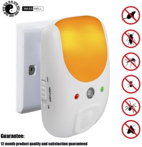 Effective Ultrasonic Defense Repellant MASSWELL (TM) ,Keeps Roaches, Spiders, Mosquitos, Mice, Bugs Away with Relaxing Amber Night Light