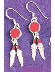 Handmade Southwest Sterling Silver Feather Dangle Earrings with Red Coral Stones and Matching Beads