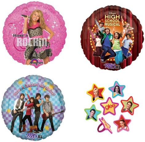 High School Musical, Camp Rock & Hannah Montana Mylar Balloons with 12 Glee Cupcake Rings - Pop Music Birthday Bundle