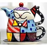 Romero Britto ceramic Cat kitten Tea for One Teapot Cup
