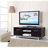 54' Ebony Black Wood Plasma TV Console Stand With Storage