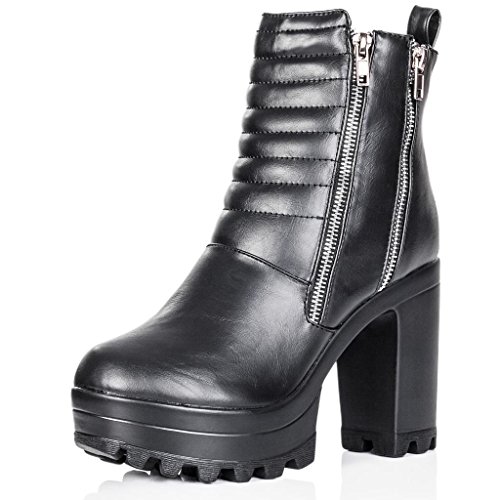 Block Heel Cleated Sole Zip Biker Ankle Boots Black Synthetic Leather US 7