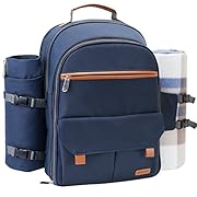 Sunflora Picnic Backpack For 4 Person Set With Insulated Waterproof Pouch For Family Outdoor Camping (Navy Blue)