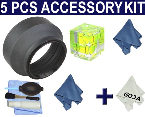 5 Pcs Kit for CANON Rebel XT XS XTi 18-55MM and ANY SLR Camera with a 58MM Filter Thread!, Includes: 1 58MM Soft Rubber Lens Hood + 1 Three Axis Hot Shoe Bubble Spirit Level + 1 Cleaning Kit + 2 Microfiber Cleaning Cloths(Blue) + BONUS: 1 Ultra Fine Microfiber Cleaning Cloth Goja Logo