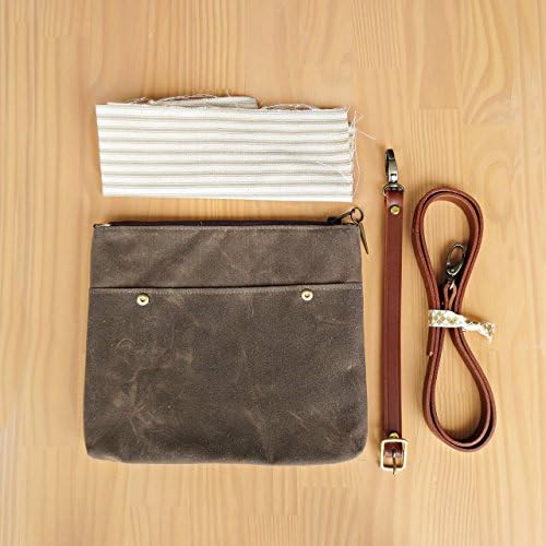 Handcrafted Waxed Canvas Crossbody Purse with Vintage Style Ticking Lining in Seal Brown