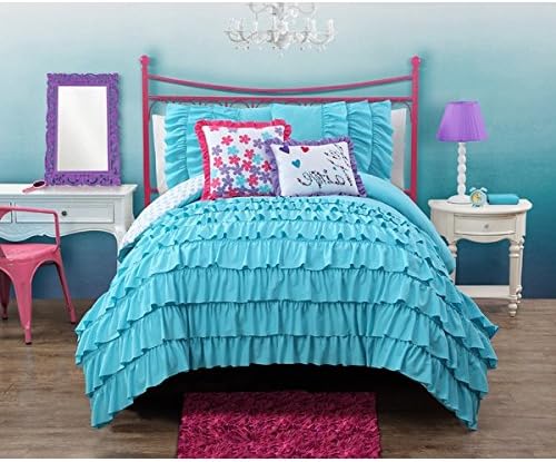 2 Piece Kids Girls Twin Aqua Comforter Set, Ruffled Design, Reversible Bedding, For Modern Master Bedrooms, Gorgeous and Beautiful Quality, Light Sky Blue And White