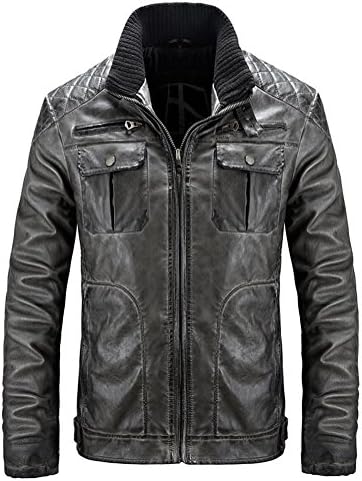 DEDVAN Men's Plus Size Stand Collar Pure Color Motorcycle Leather Jacket