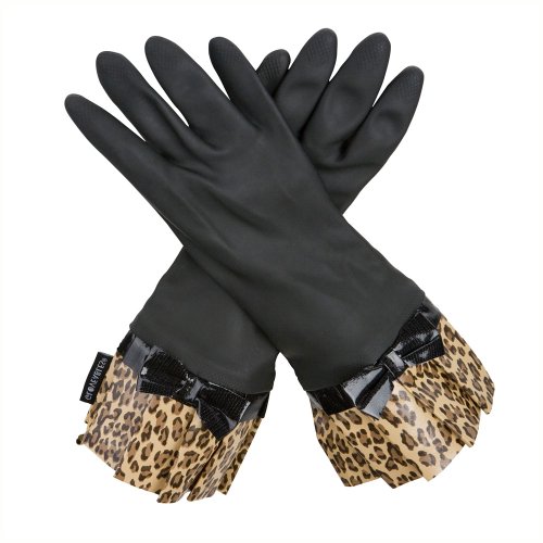 Gloveables Fashion Rubber Gloves in Black / Leopard Cuff and Bow