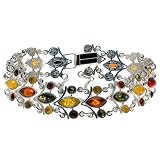 Certified Genuine Multicolor Amber and Sterling Silver Trojan Treasure Link Bracelet
