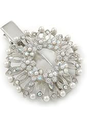 Clear Austrian Crystal, Glass Pearl Wreath Hair Beak Clip/ Concord Clip/ Clamp Clip In Silver Tone - 60mm L