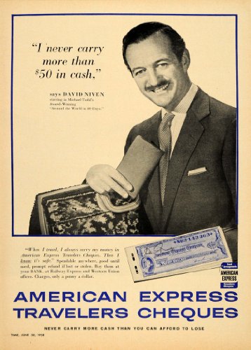 1958 Ad David Niven Travelers Checks Western Union Cash - Original Print Ad